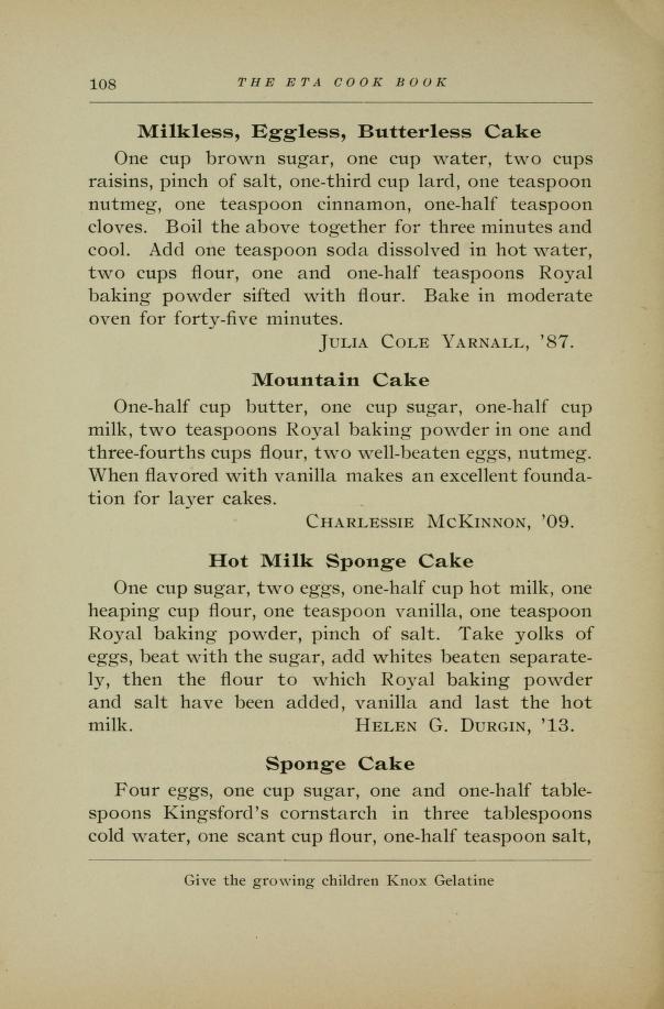 Milkless Eggless Butterless Cake Recipe from 1917