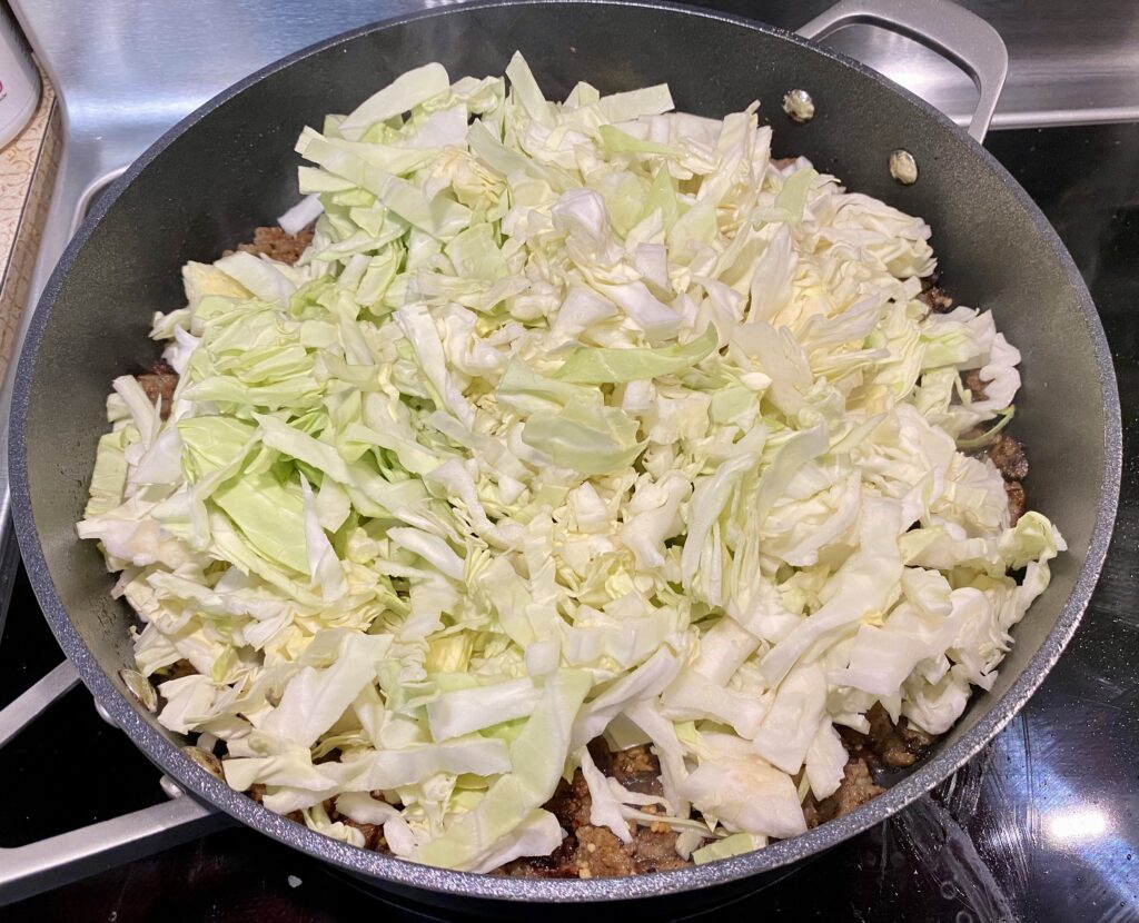 Keto Pork Egg Roll in a Bowl Add Cabbage