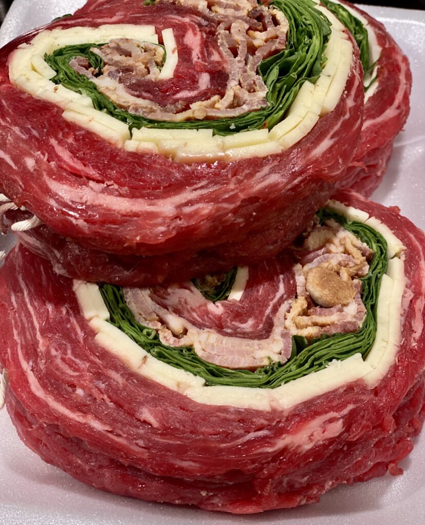 Flank Steak with cheese, bacon, and spinach